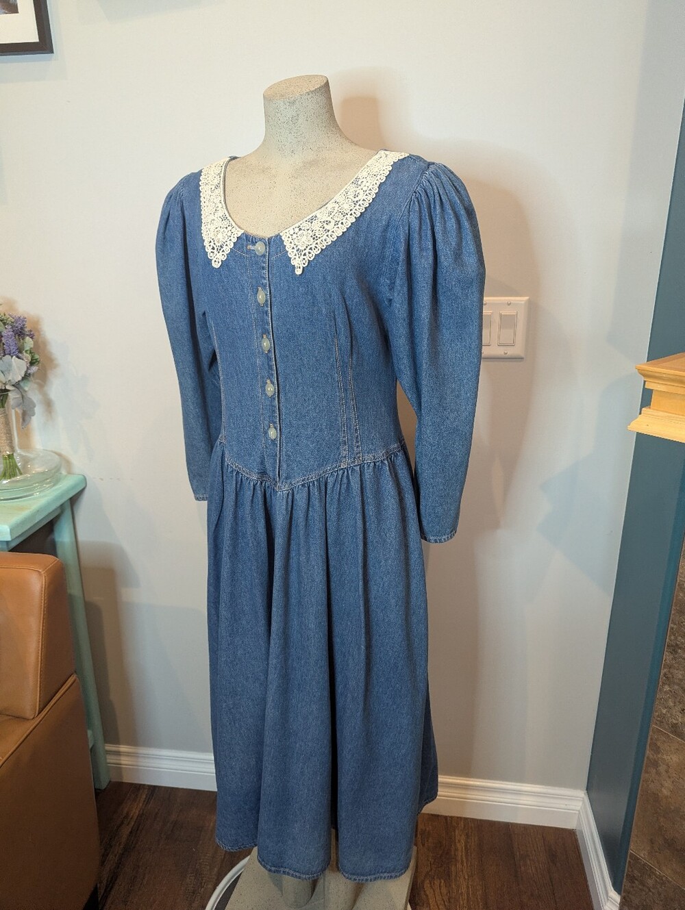 Vintage prairIe Blue Denim Chambray Modest Cottagecore Dress w/Lace Collar Sz L - Picture 7 of 13
